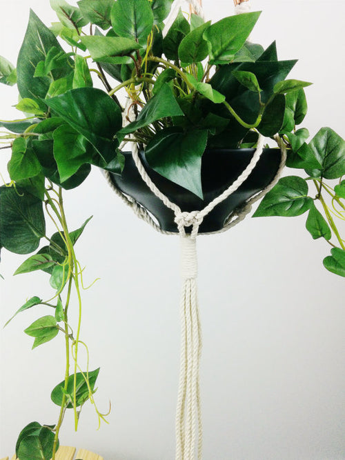 Macramé hanging planter with copper